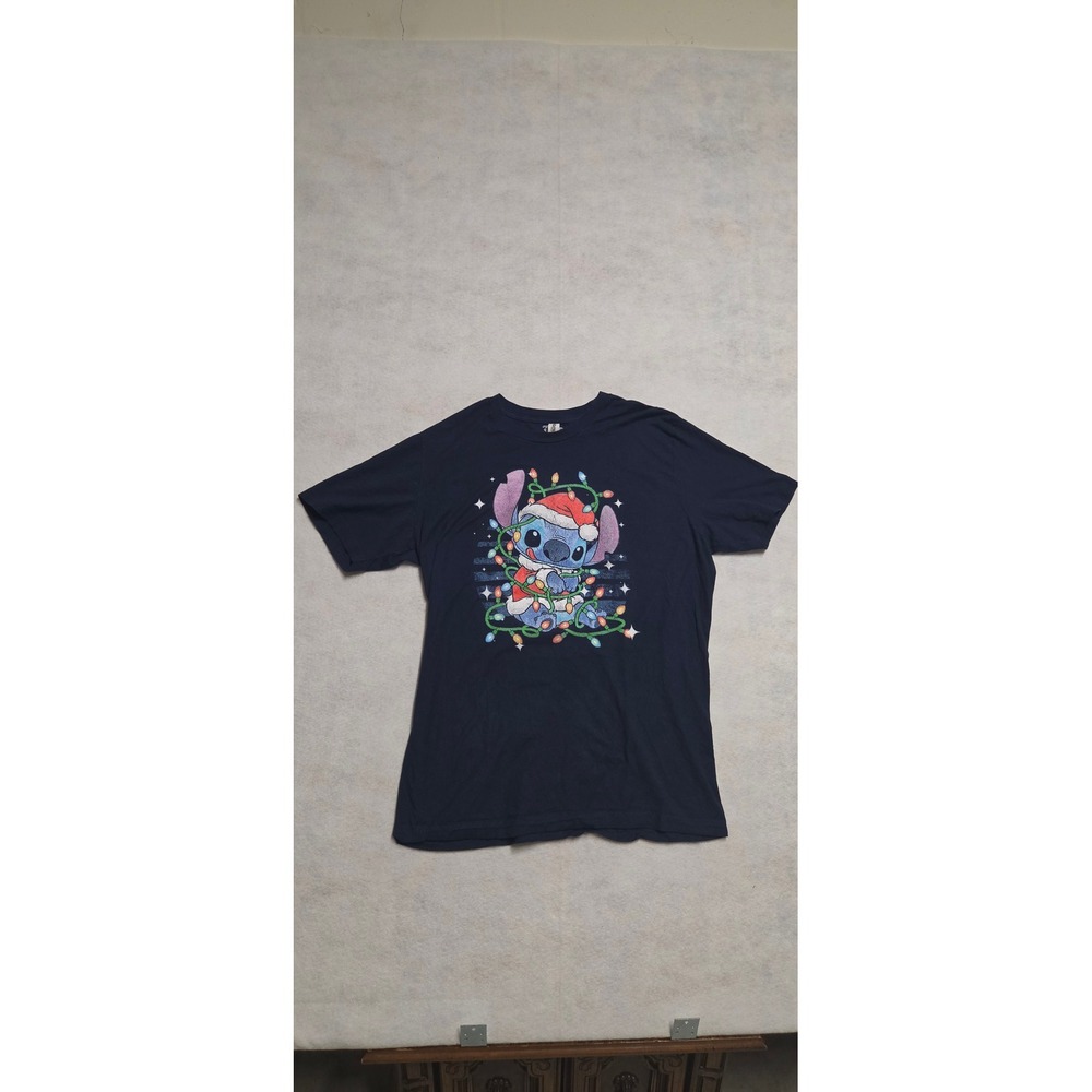Disney Stitch Christmas Lights Navy Blue T-Shirt XXL Tultex Premium 502
